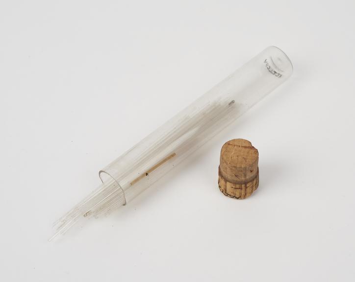 Glass capillary tubes, 53, in a glass tube with cork stopper