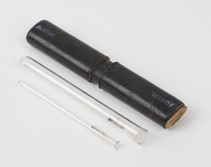 Two test tubes, varying sizes, glass, in leather case