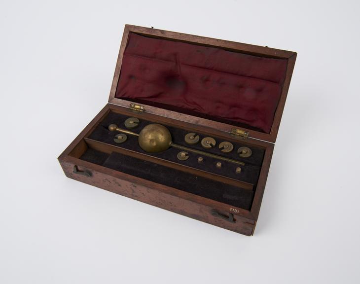 Hydrometer, Sikes, brass, in wooden case, thermometer missing