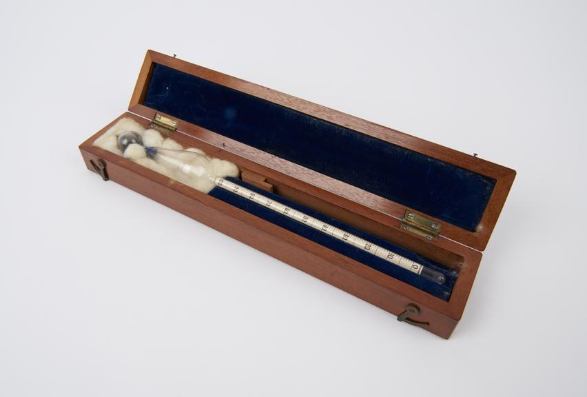 Glass hydrometer in wooden case, by L