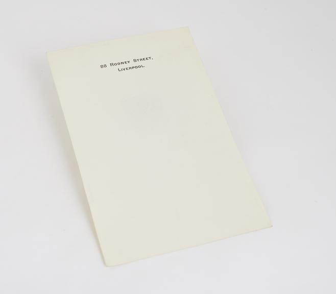 Sheet of writing paper with printed address, Crown Vellum brand