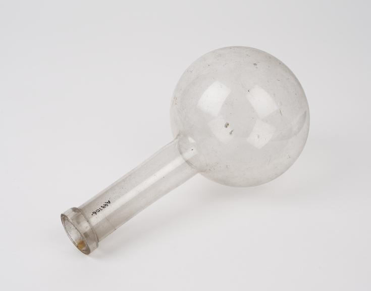 Small clear glass flask, spherical bulb, long tubular neck