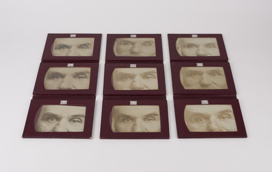 Series of 9 photographs in 3 folding leather frames