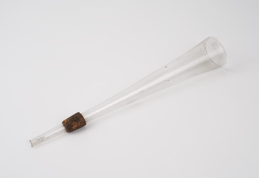 Clear glass funnel, long vertical tube, conical at top