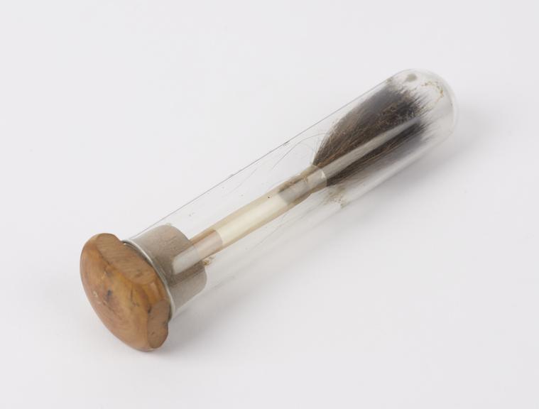 Brush, soft hair, in glass tube, English, 1890-1930