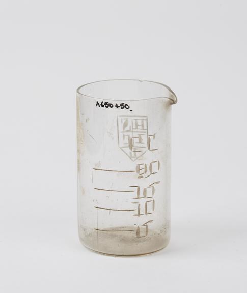 Glass measuring cylinder, English, 1900-1935