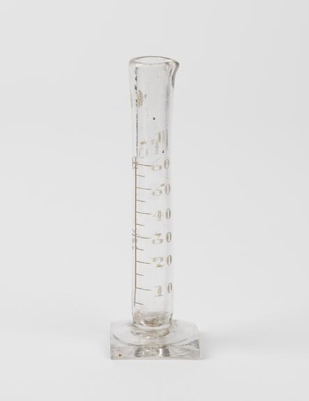 Small clear glass measuring cylinder with square base