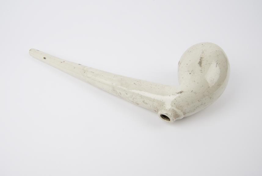 White glazed porcelain retort, swan necked, with outlet at top