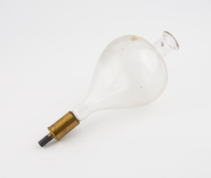 Clear glass vessel, bulb shaped, with tubular neck