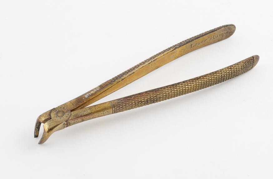 Dental forceps, for lower roots, gilt steel, by Eurard, London