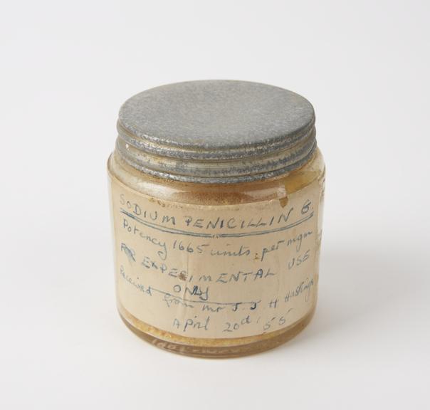 Glass jar of Sodium Penicillin G, dated April 20 1955, British