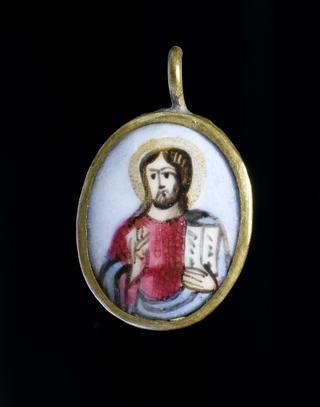 Ceramic pendant with saint depicted on 1 side