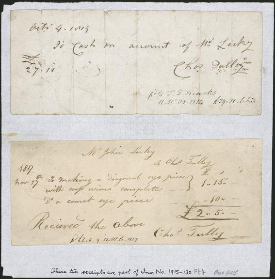 Receipt  for refracting telescope by Charles Tulley