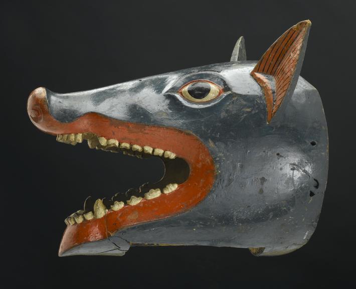 Painted wooden mask in form of boar's head, tusks(?) missing