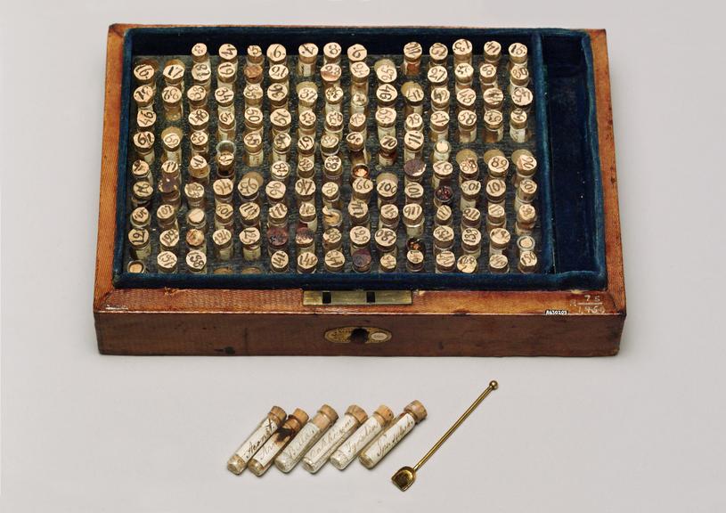 Small homeopathic medicine chest and handwritten list of preparations, possibly English, 1830-1850