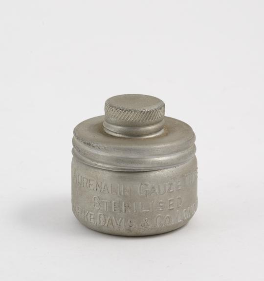 Gauze dispenser, full, aluminium, by Parke Davis and Co