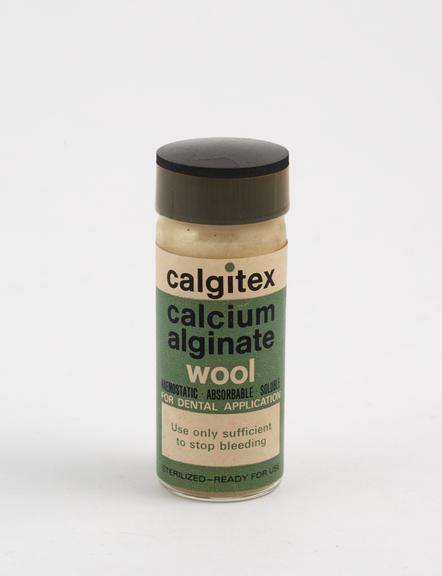 Bottle of calgitex' calcium alginate wool, for dental use