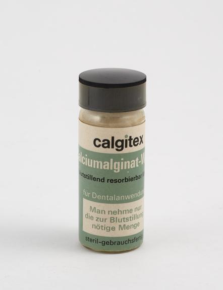 Bottle of 'calgiex' calcium alginate wool, for Austrian Market