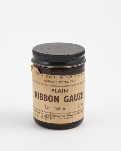 Bottle of plain ribbon gauze, for dental use