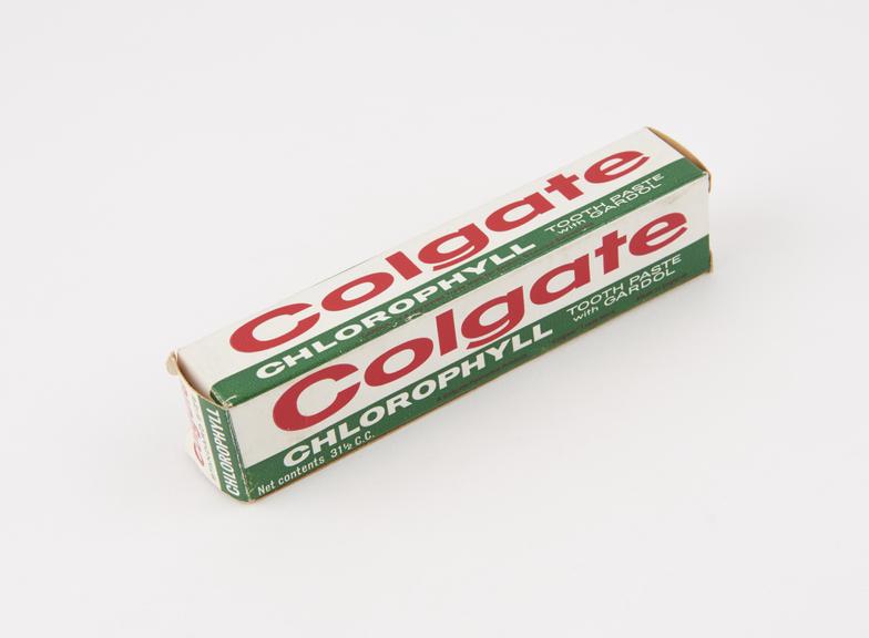 Boxed tube of Colgate Chlorophyll' toothpaste, used