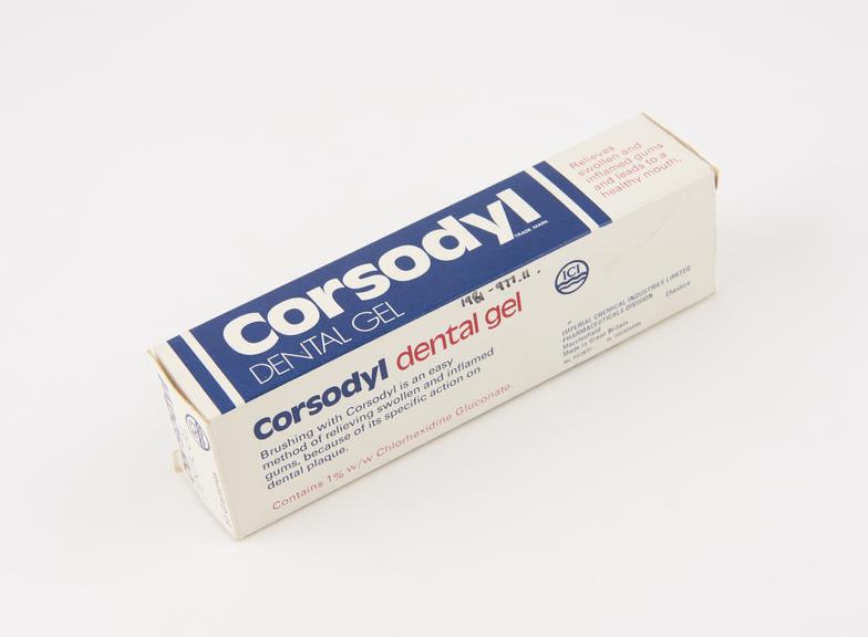 Boxed tube of Corsodyl' toothpaste, used