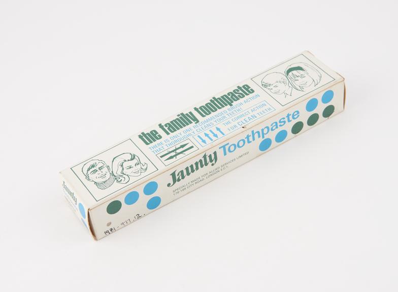 Boxed tube of Jaunty' toothpaste, used, English, 1965-1970'