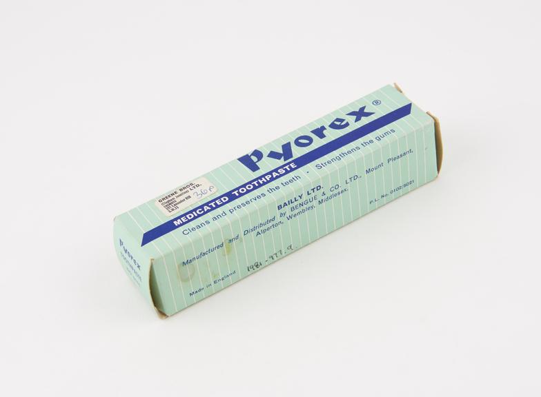 Boxed tube of Pyorex' toothpaste, used by Bengue and Co. Ltd