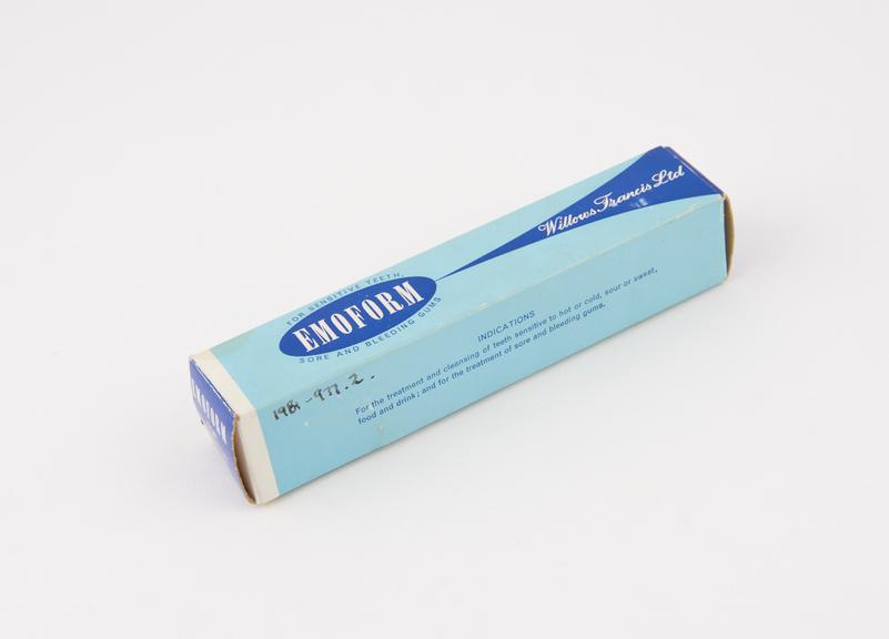 Boxed tube of Emoform' toothpaste, with advertising leaflet