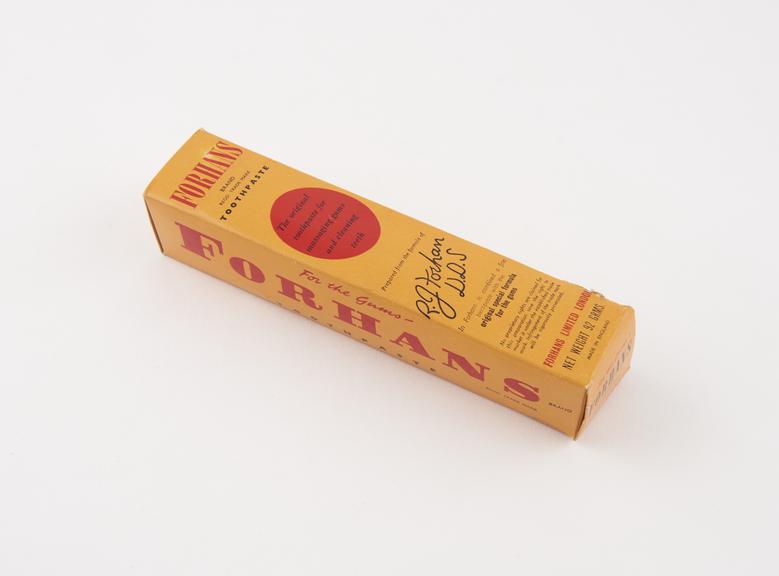 Boxed tube of Forhans' toothpaste, used, by Forhans Ltd