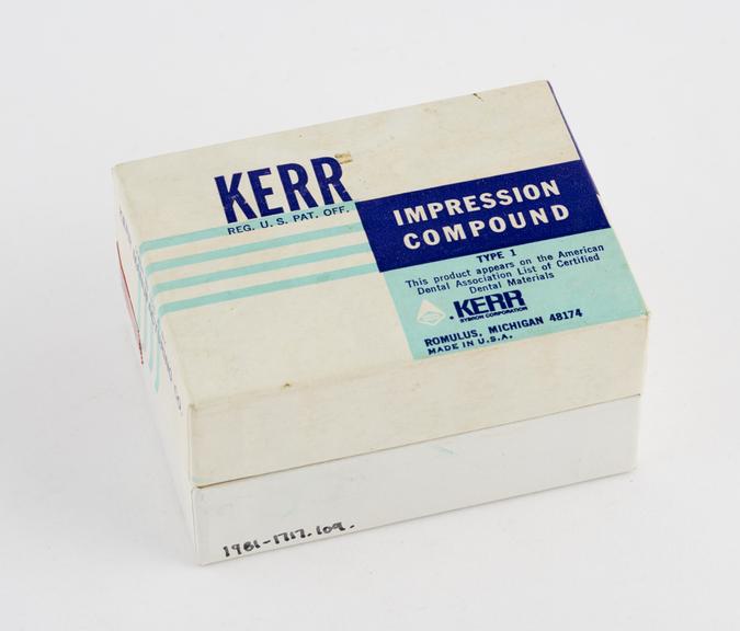 Box of Kerr type 1 red impression compound, by Kerr, USA