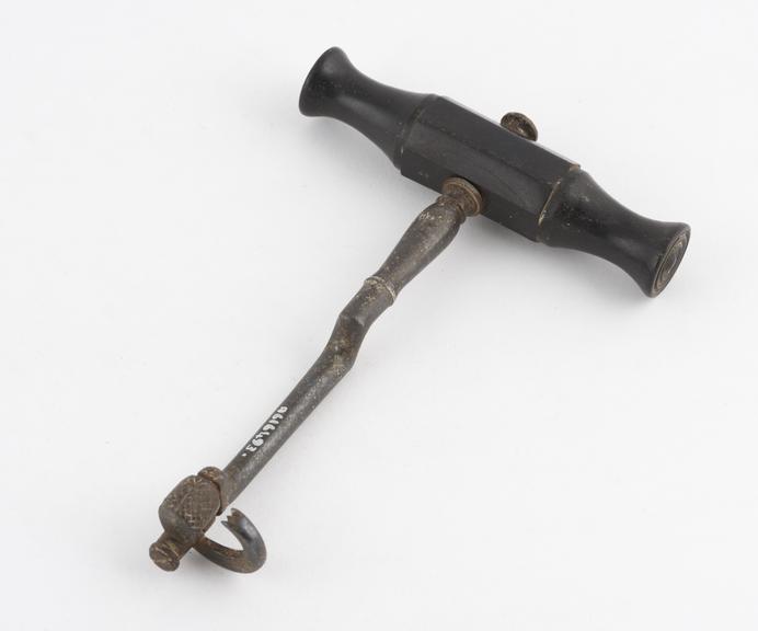 Dental key, double bend, steel with ebony handle, by Dyer