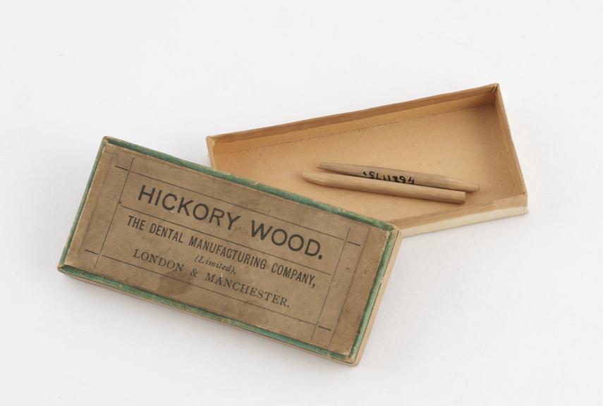 Box of hickory wood sticks, for orthodontic work