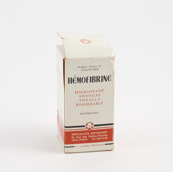 Boxed bottle of Hemofibrine' haemostatic sponges