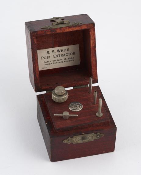 Dental post extractor kit in wooden box, by the S.S. White Co