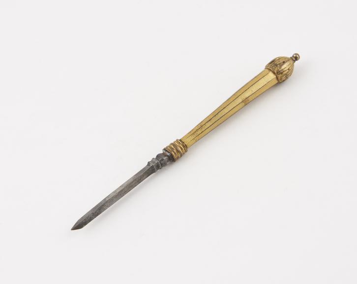 Dental scaler, steel with gilt brass and handle, Italian