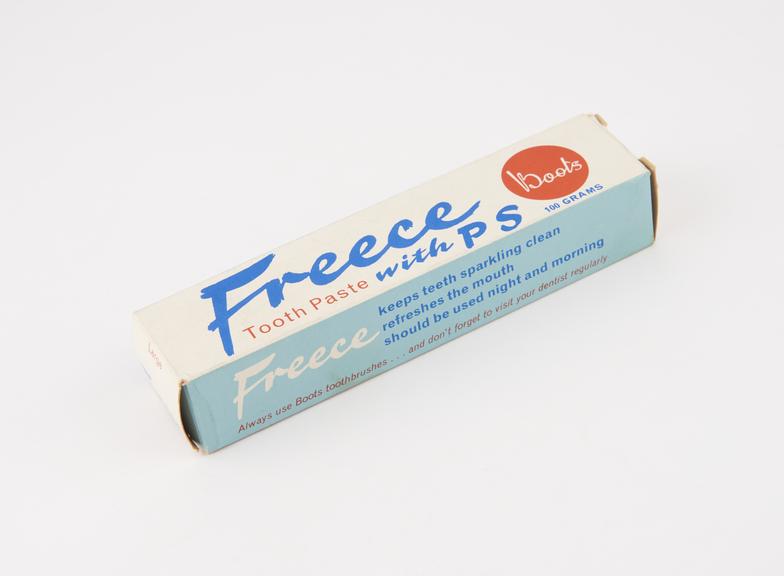 Boxed tube of Freece' toothpaste, used, by Boots, England