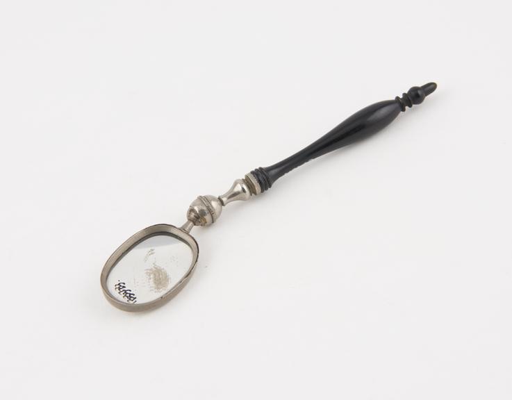 Dental mirror, ebony handle, nickel-plated brass frame, English