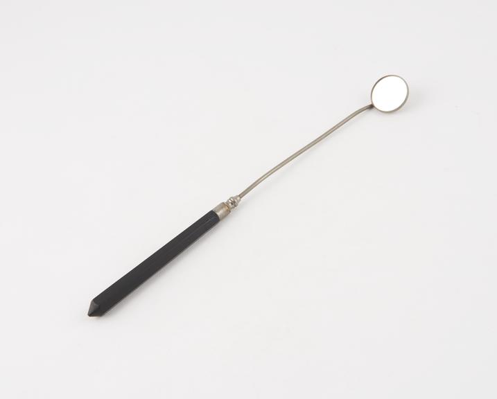 Dental mirror, nickel-plated brass frame, ebony handle