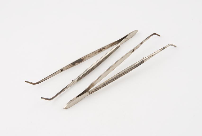 2 pin-holding tweezers, nickel plated steel, Germany, 1925-1940