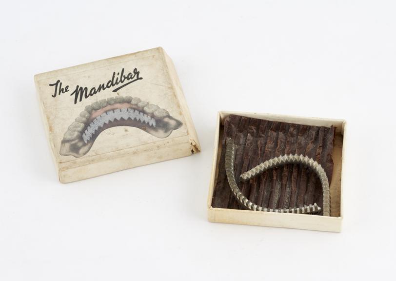 Two Mandibar' lingual bars, boxed, alloy, English, 1950-1965'