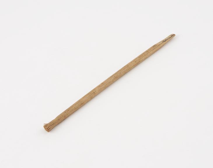 Toothbrush, frayed twig, in cardboard box, probably India