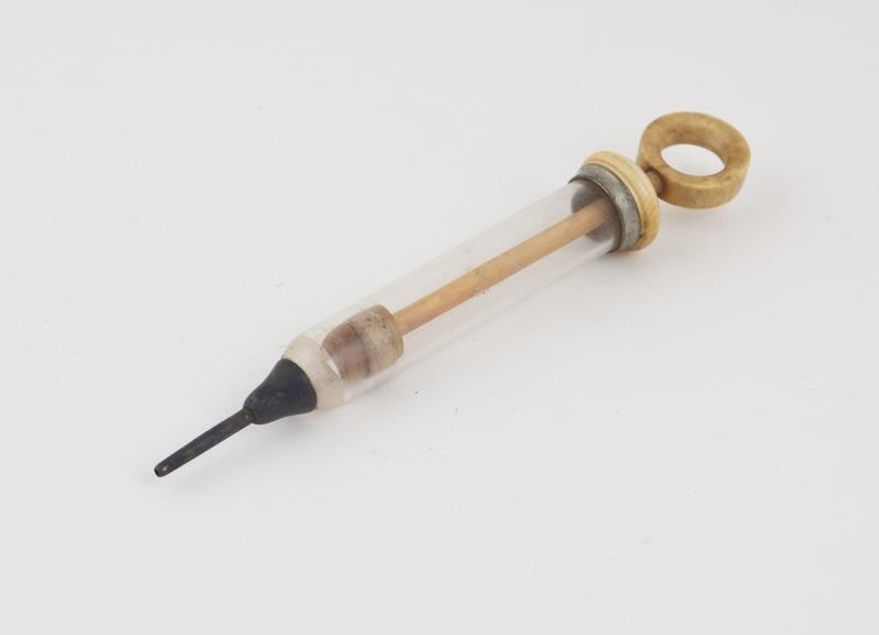 Glass piston-action hydrocele syringe, European, 1840-1920