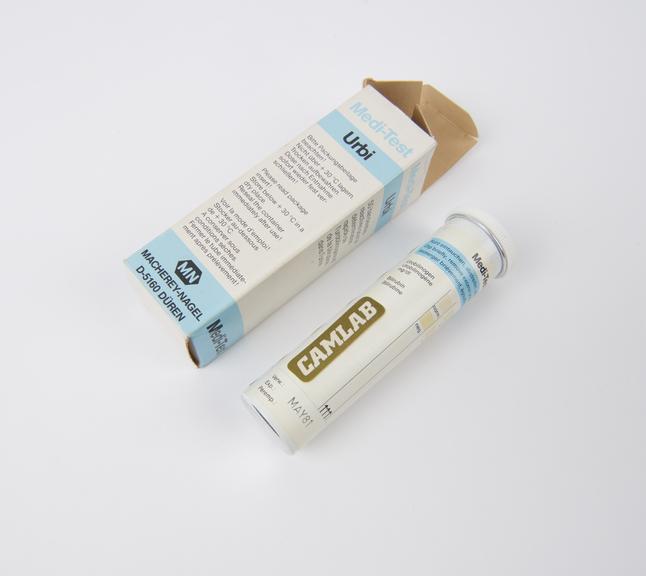 Tube of Medi-Test urine test strips, by Mecherey-Nagel, German