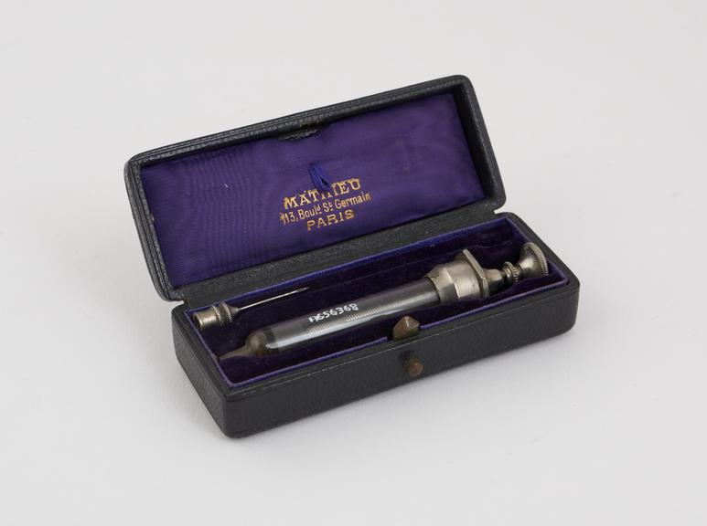 Hypodermic syringe, glass and nickel plated brass, cased