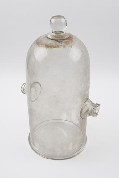 Large clear glass bell jar with two outlets, European, 1851-1930