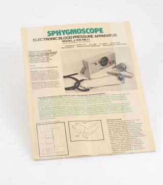 Broadsheet, paper, describing Jasco electronic sphygmomanometer
