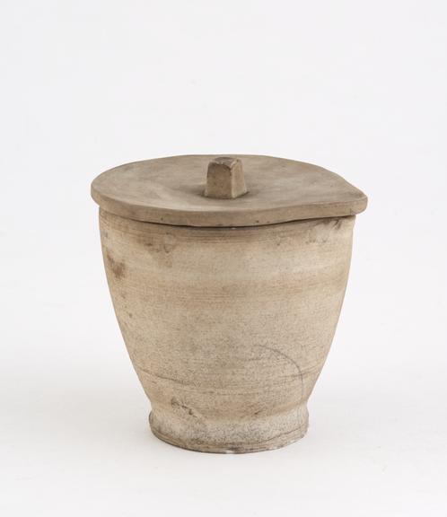 Unglazed white earthenware crucible with lid, made by Wedgewood