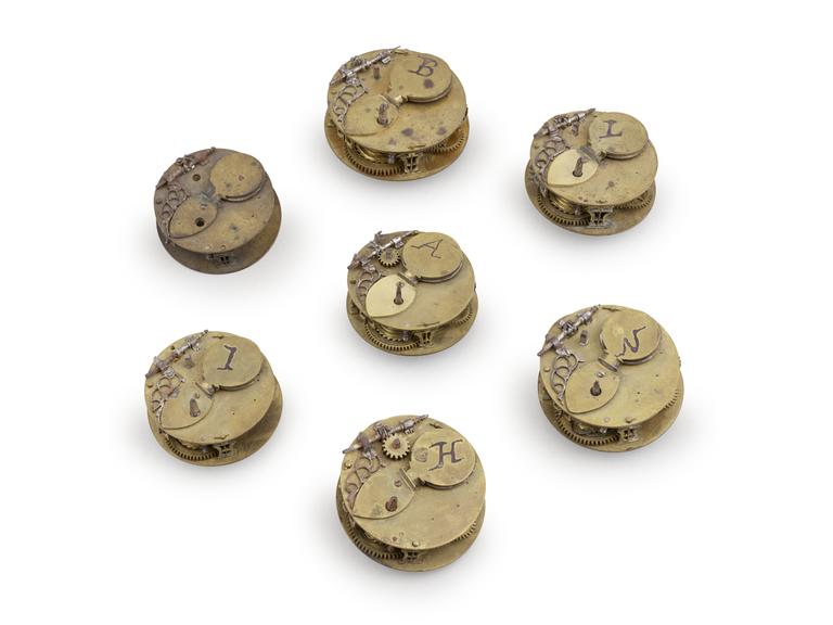 Seven almost identical unfinished watch movements