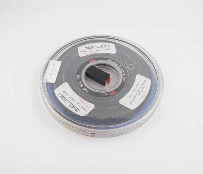 Half inch magnetic tape in canister labelled Project Titan