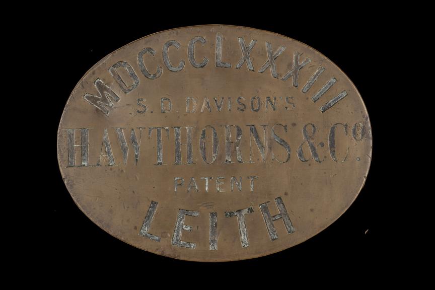 Locomotive worksplate, brass, Hawthorns & Co (No 459) of 1883